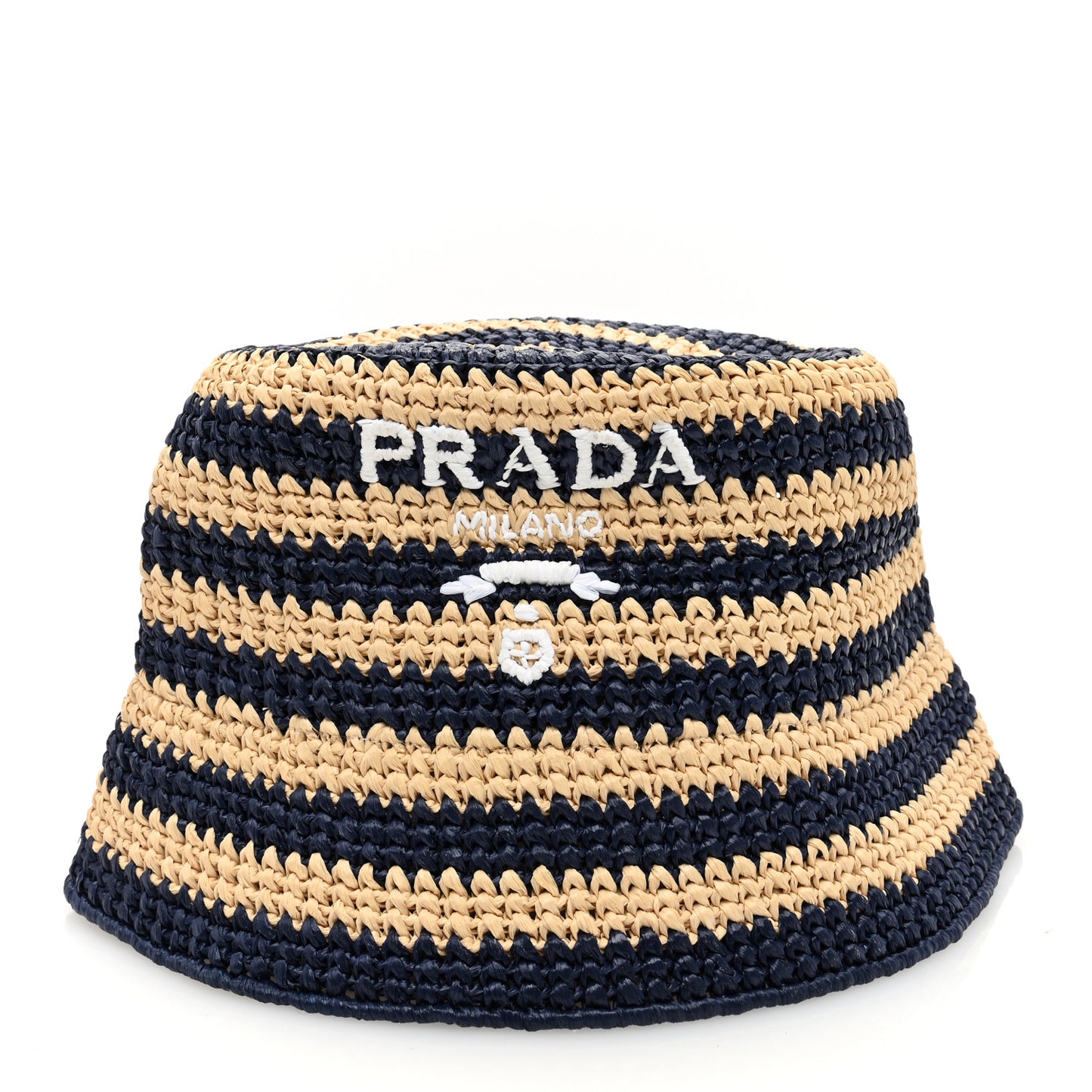 Raffia Striped Logo Embroidered Womens Bucket Hat M Naturale Baltico