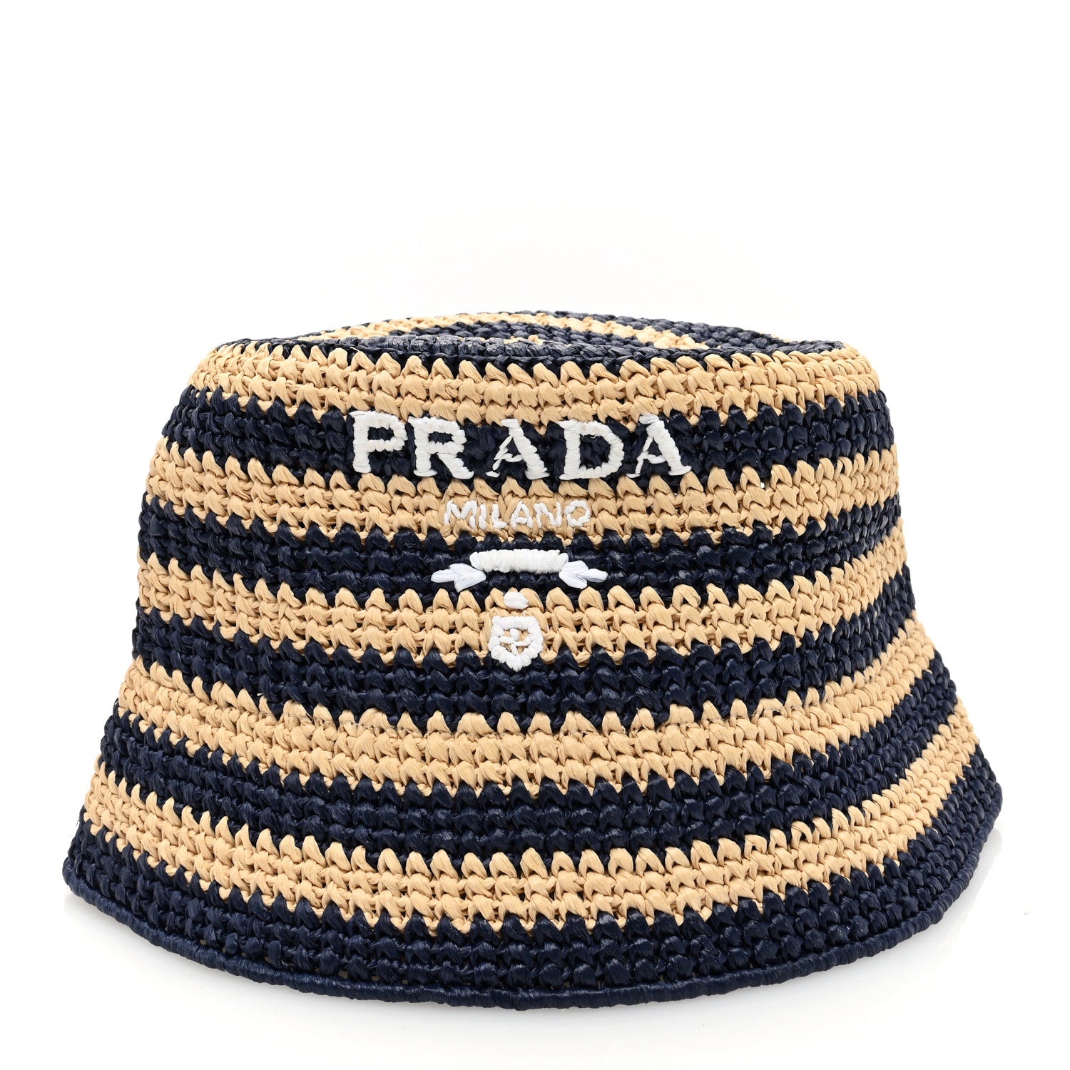 Prada Raffia Striped Logo Embroidered Womens Bucket Hat M Naturale Baltico 1 of 7