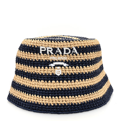 Prada Raffia Striped Logo Embroidered Womens Bucket Hat M Naturale Baltico 1 of 7