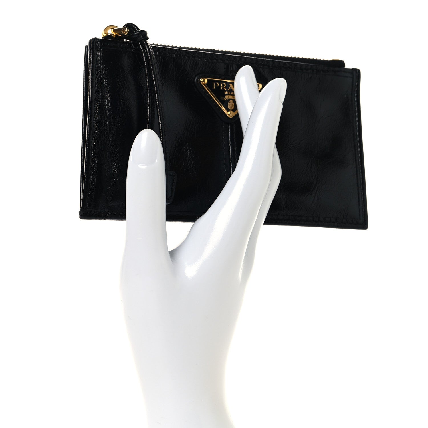 Prada Glossy Calfskin Triangle Zip Card Holder Black 2 of 7
