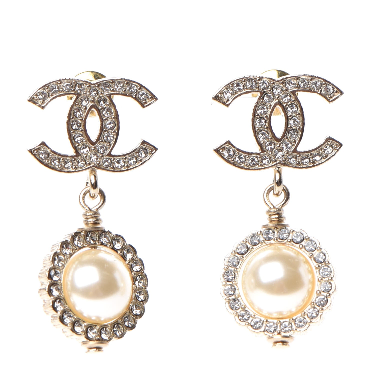 Chanel Crystal Pearl CC Drop Earrings Gold 1 of 4
