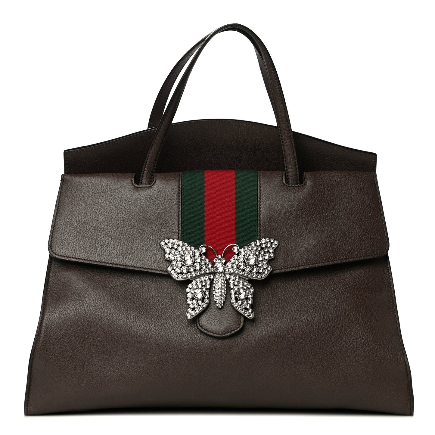 Textured Calfskin Web Crystal Butterfly Stripe Large Totem Top Handle Bag New Acero