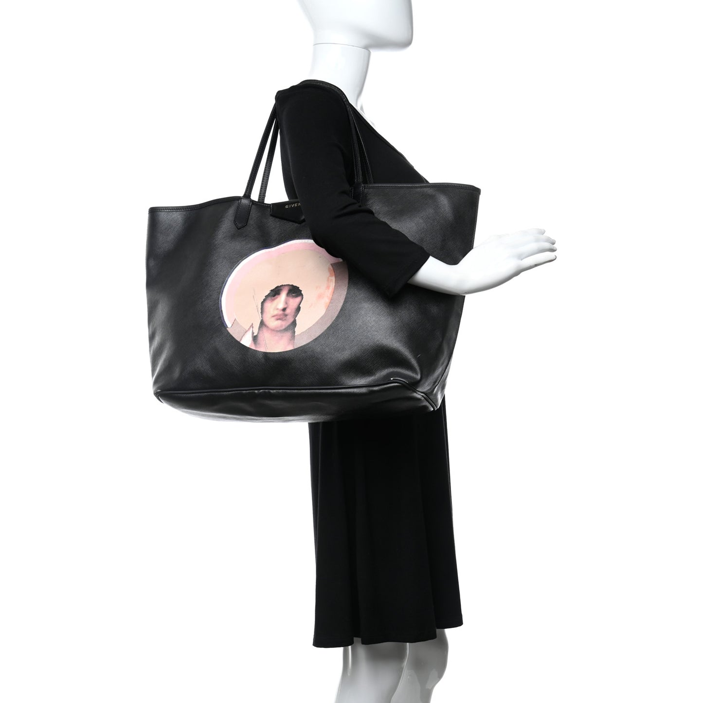 Textured Coated Canvas Madonna Print Large Antigona Tote Black