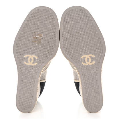 Chanel Cotton Lace Up Wedge Espadrilles 38.5 Grey Navy Blue 5 of 9