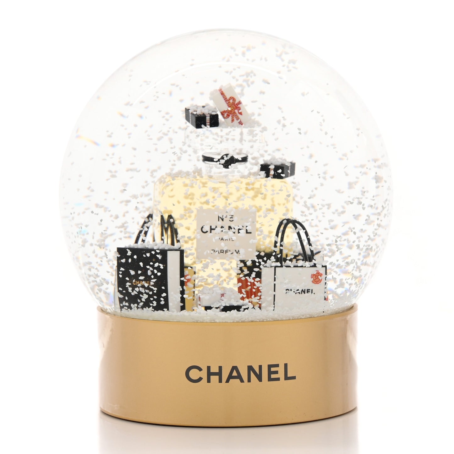 Glass N°5 Perfume Bottle Snow Globe Gold