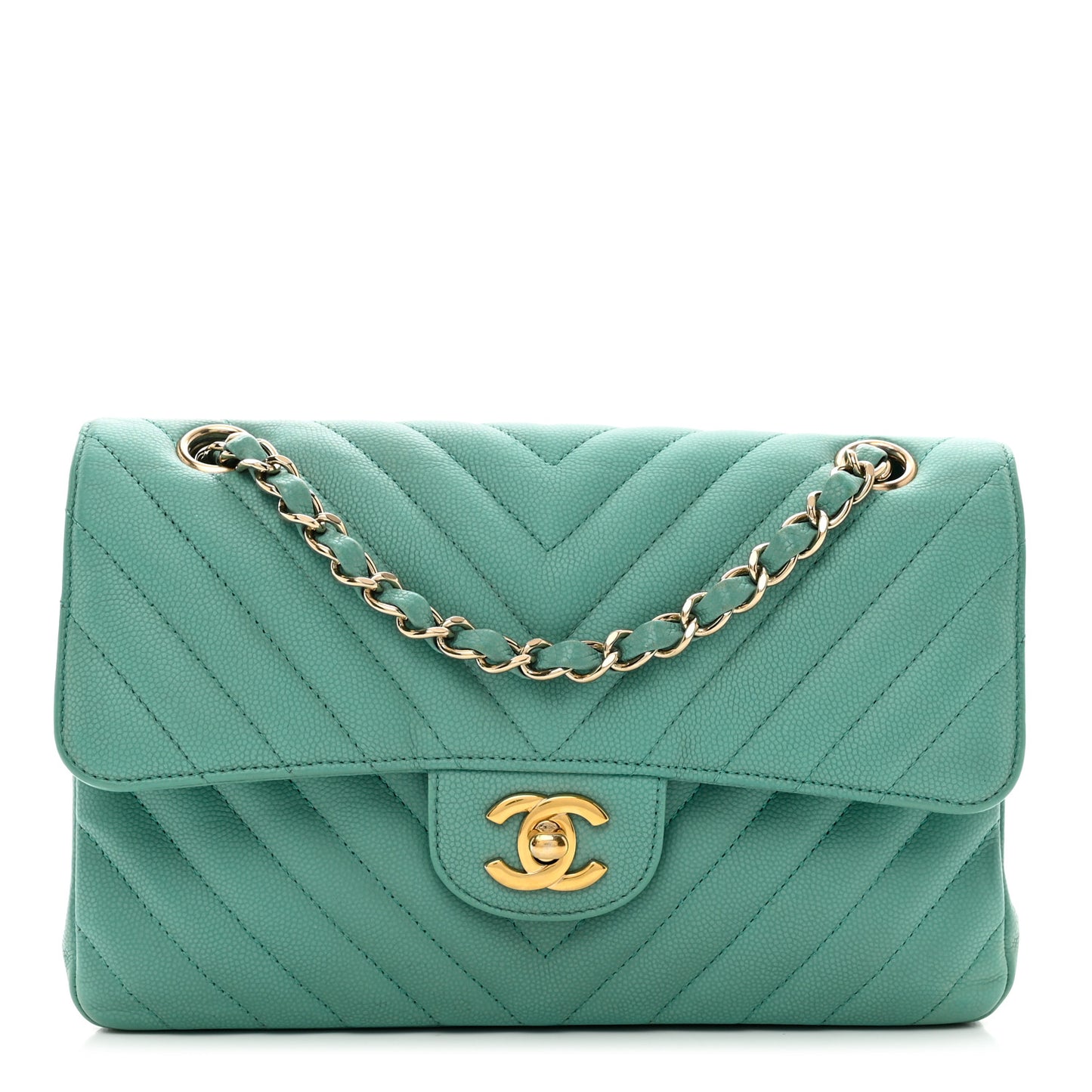 Caviar Flat Chevron Quilted Small Double Flap Green