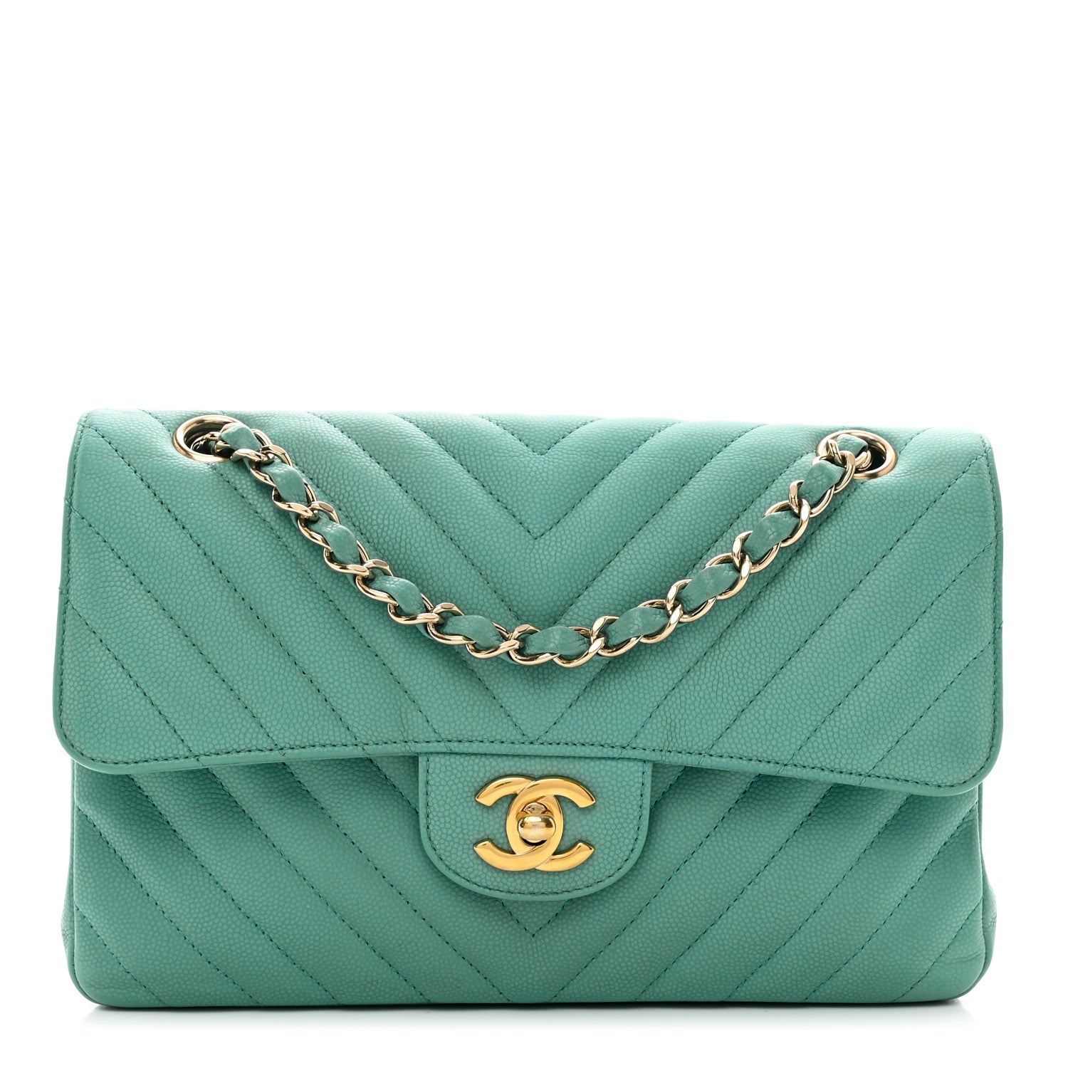 Chanel Caviar Flat Chevron Quilted Small Double Flap Green 1 of 13