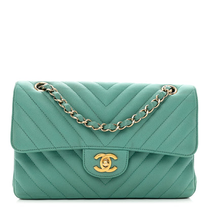 Chanel Caviar Flat Chevron Quilted Small Double Flap Green 1 of 13