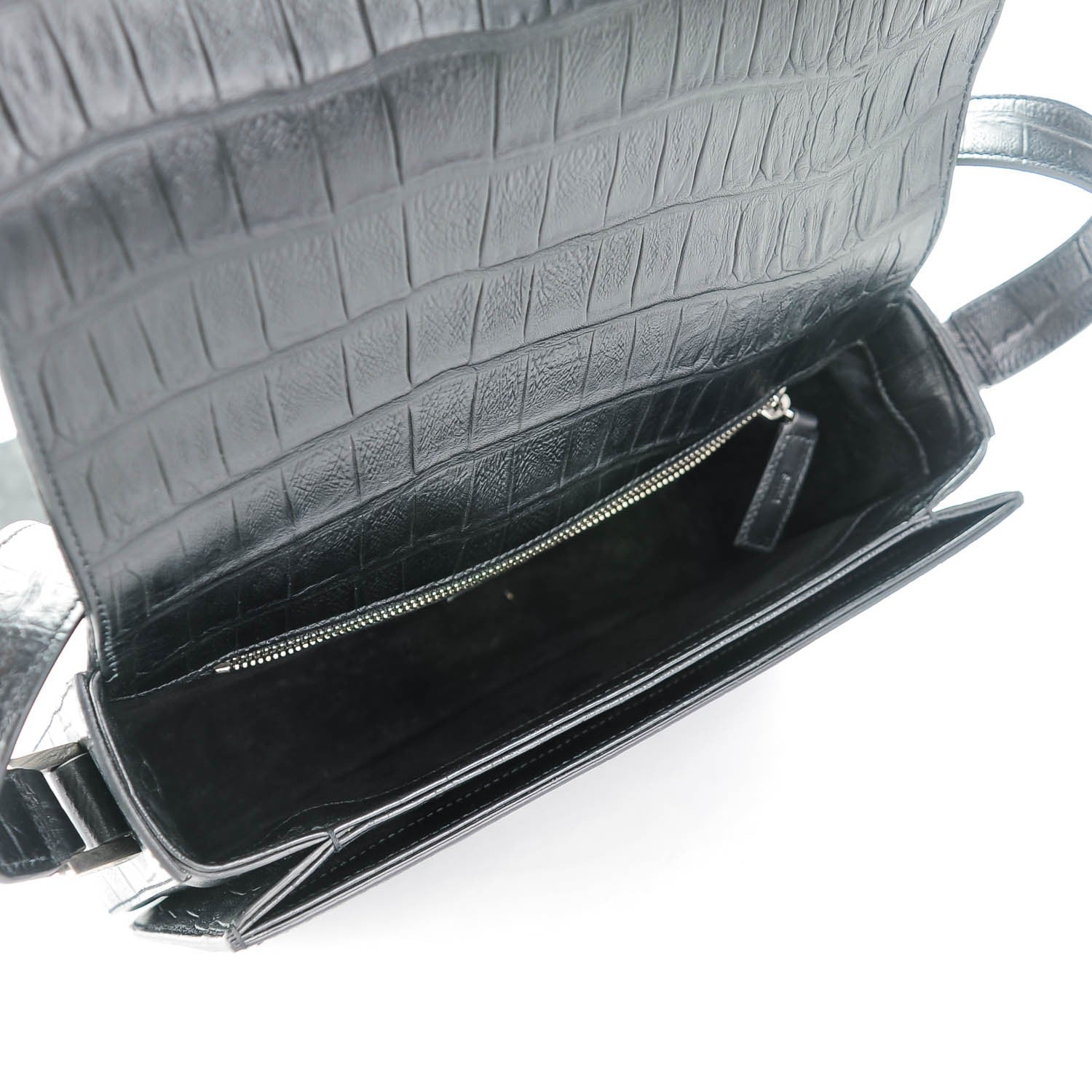 Saint Laurent Calfskin Crocodile Embossed Medium Monogram Universite Bag Black 5 of 7