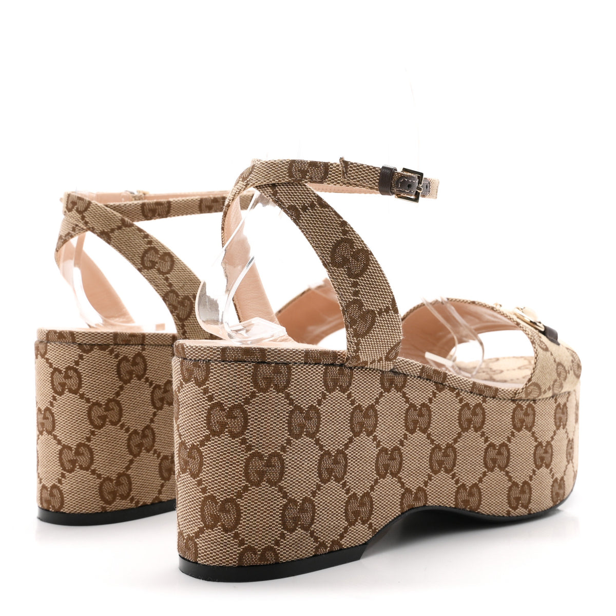 Gucci Monogram Nappa Chalotte Horsebit Ankle Strap 75mm Flatform Sandals 38 Beige Ebony 5 of 8