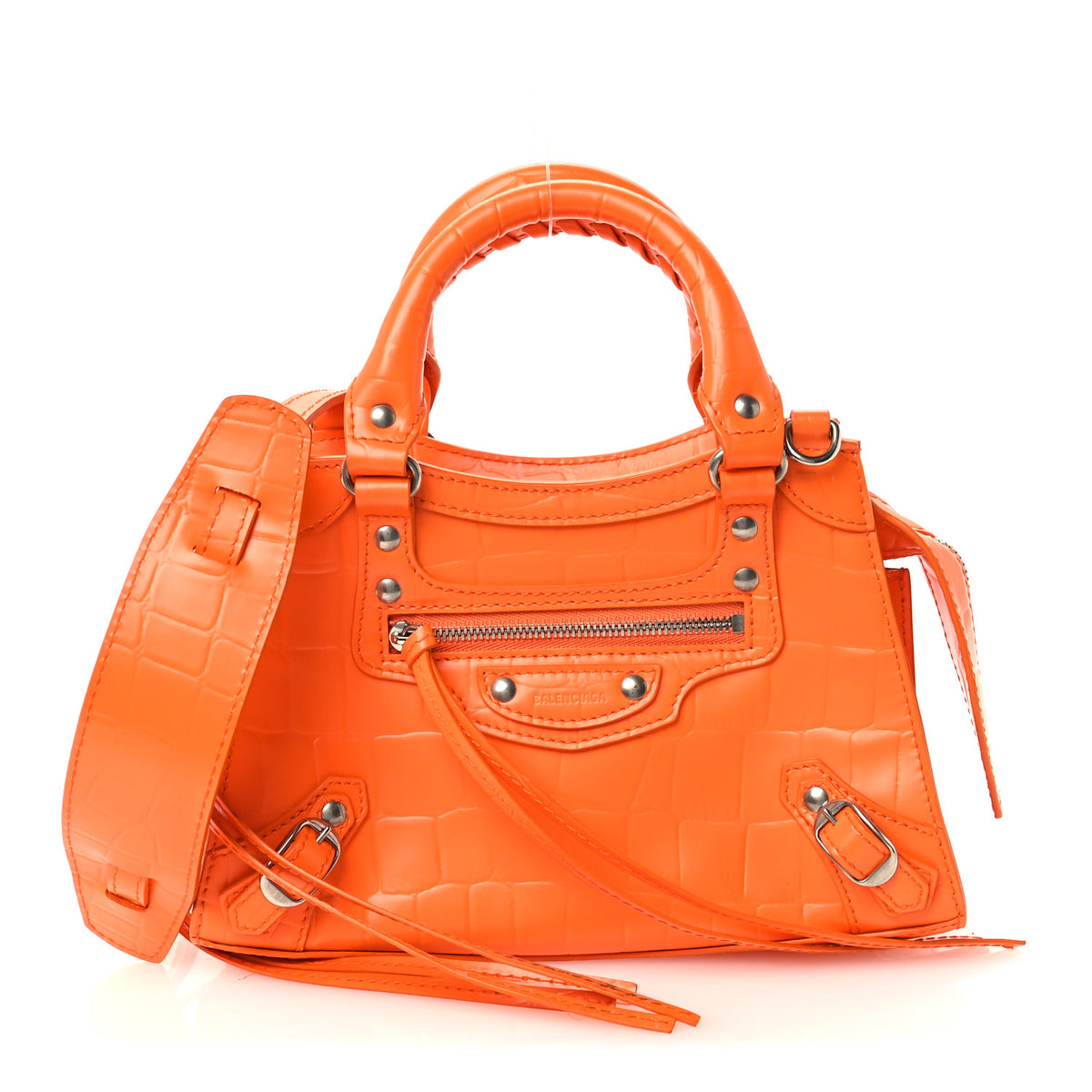 Semi Shiny Calfskin Crocodile Embossed Neo Classic Silver Hardware Mini City Orange