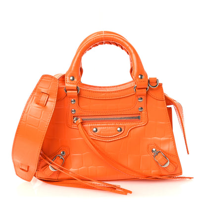 Balenciaga Semi Shiny Calfskin Crocodile Embossed Neo Classic Silver Hardware Mini City Orange 1 of 11
