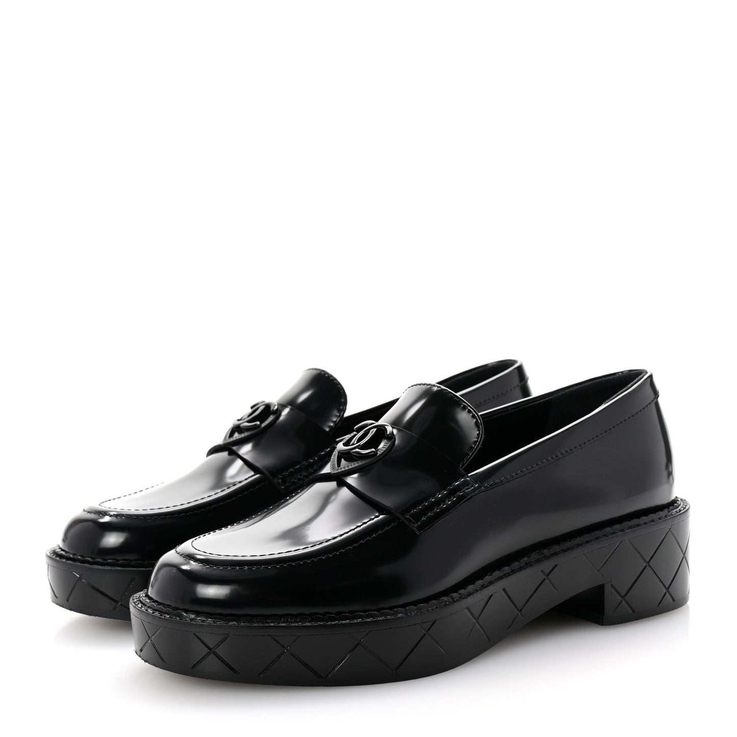 Shiny Calfskin Quilted CC Mocassin Loafers 35 Black