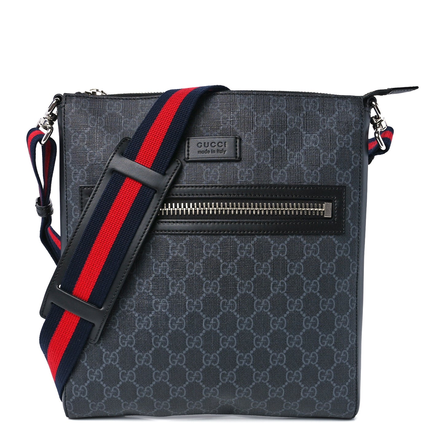 GG Supreme Monogram Appia Calfskin Web Flat Messenger Bag Black Grey