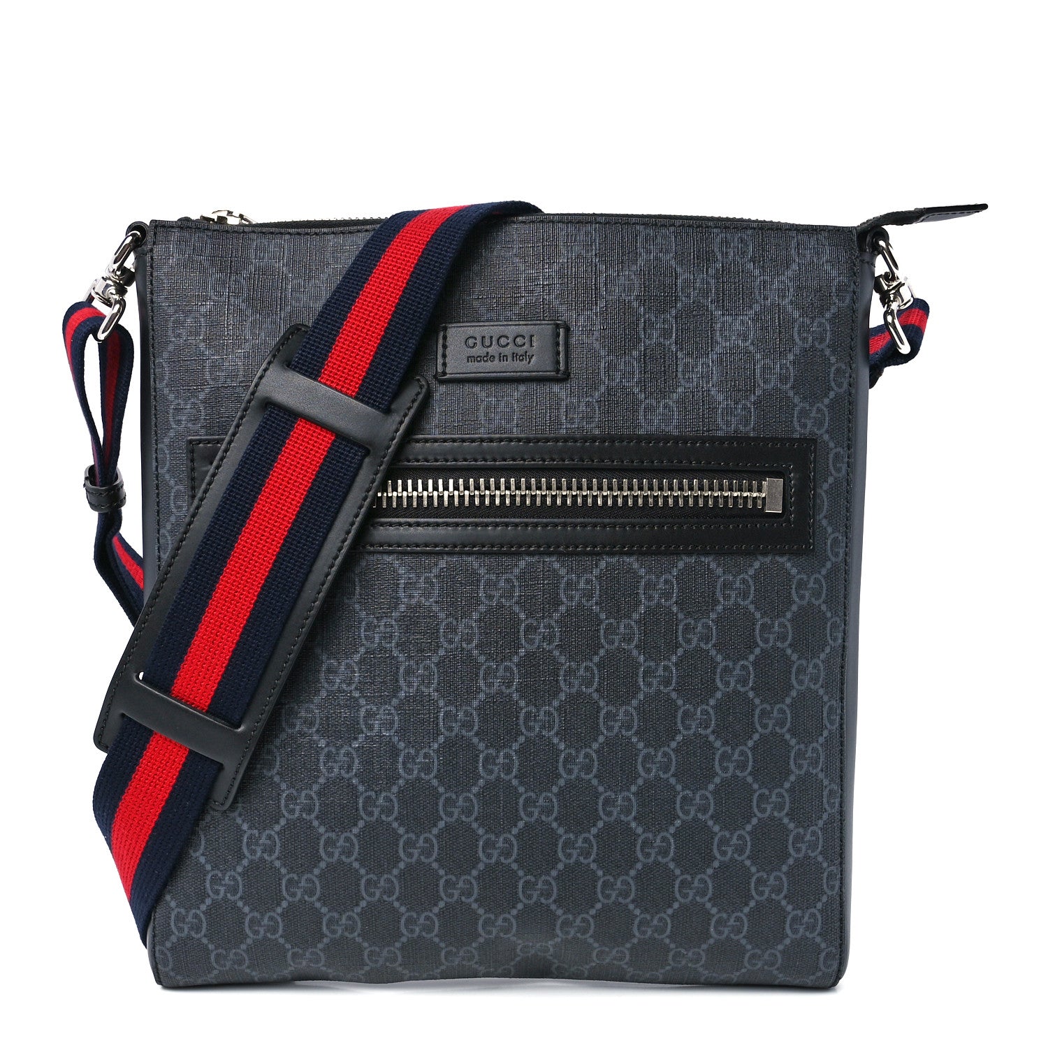Gucci GG Supreme Monogram Appia Calfskin Web Flat Messenger Bag Black Grey 1 of 12