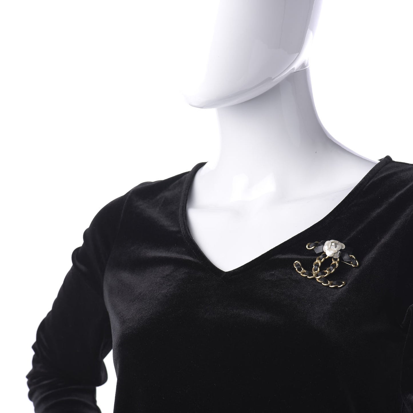 Metal Calfskin Chain 90's Camellia Brooch Black Gold
