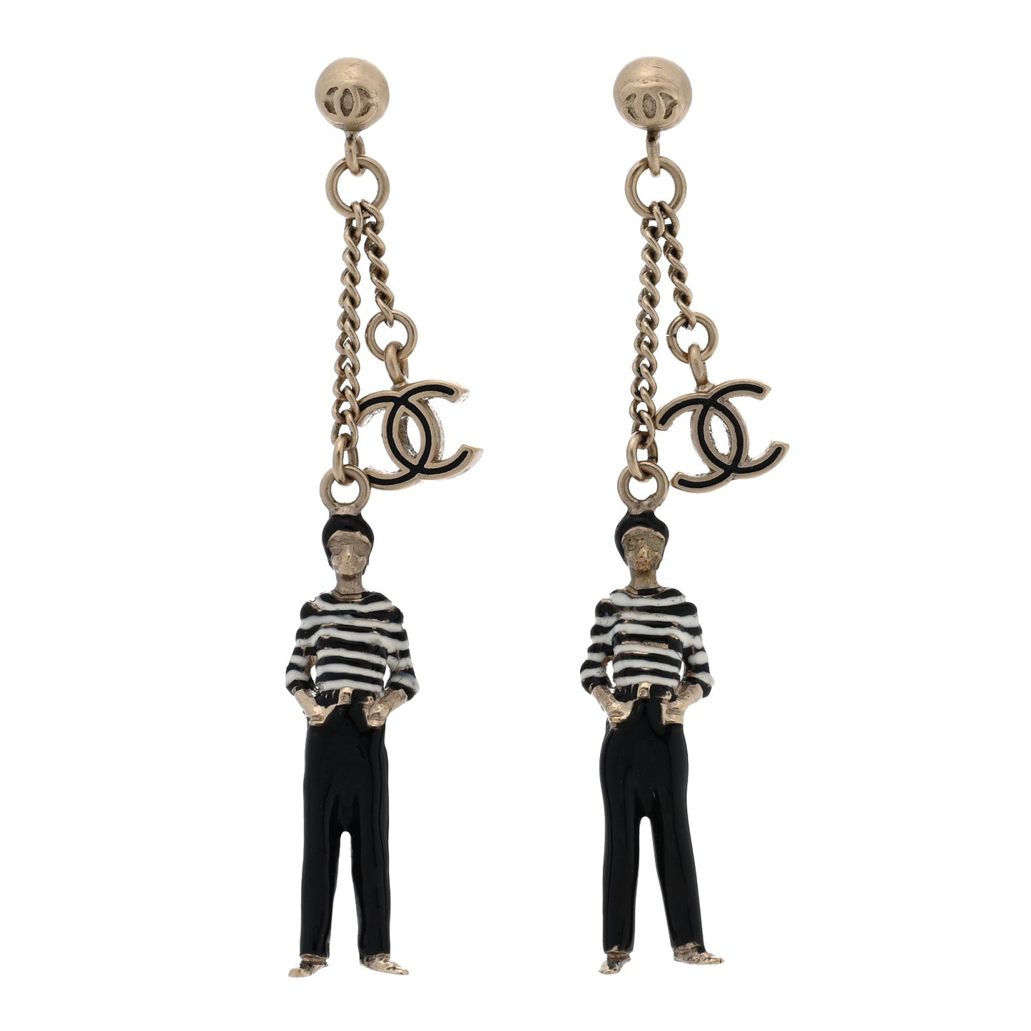 Crystal Enamel CC Doll Drop Earrings White Black Gold