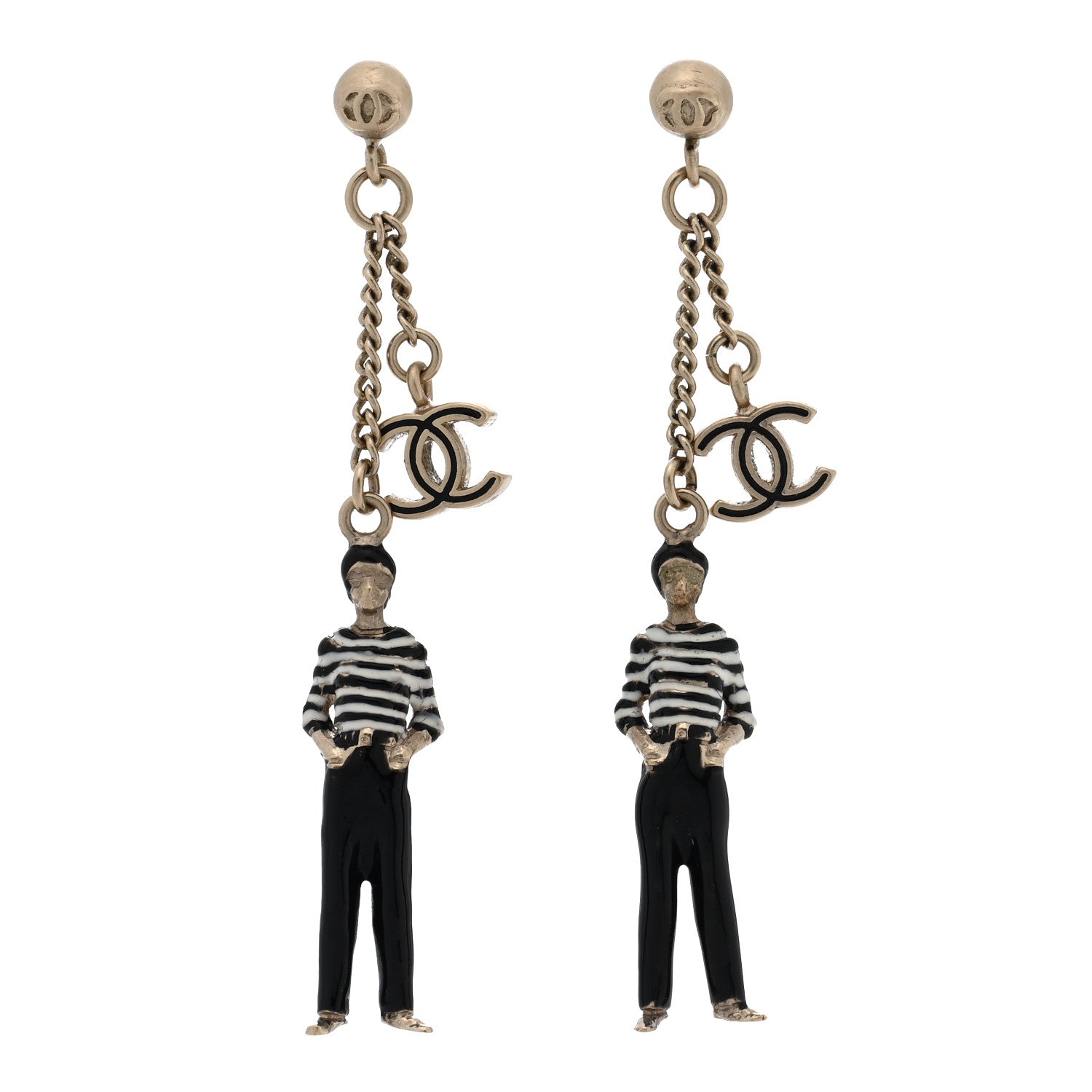 Chanel Crystal Enamel CC Doll Drop Earrings White Black Gold 1 of 4