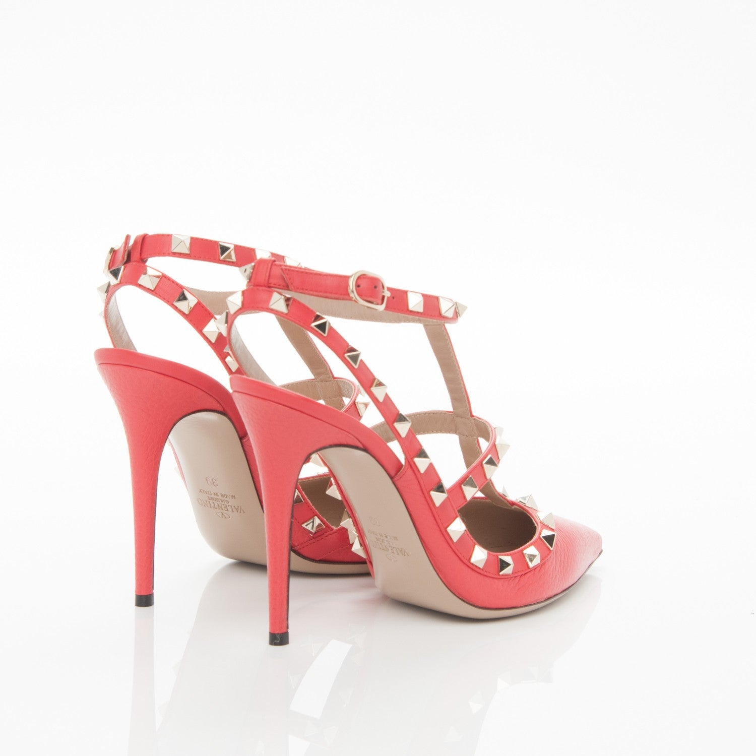 Valentino Garavani Pebbled Calfskin Rockstud Ankle Strap 100mm Pumps 39 Deep Coral 4 of 6