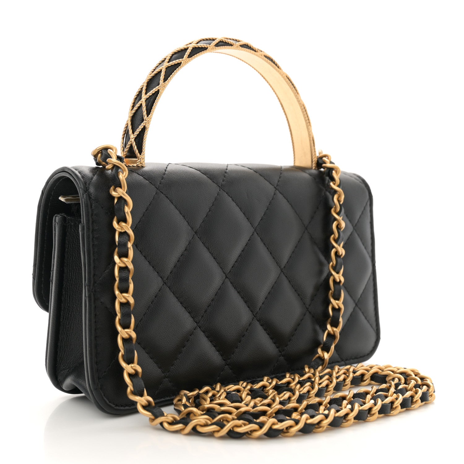 Chanel Lambskin Quilted Metal Twist Top Handle Flap Phone Holder With Chain Black 3 of 11
