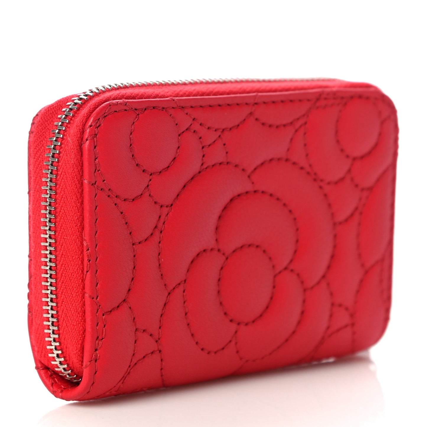 Caviar Camellia Embossed Zip Coin Purse Red