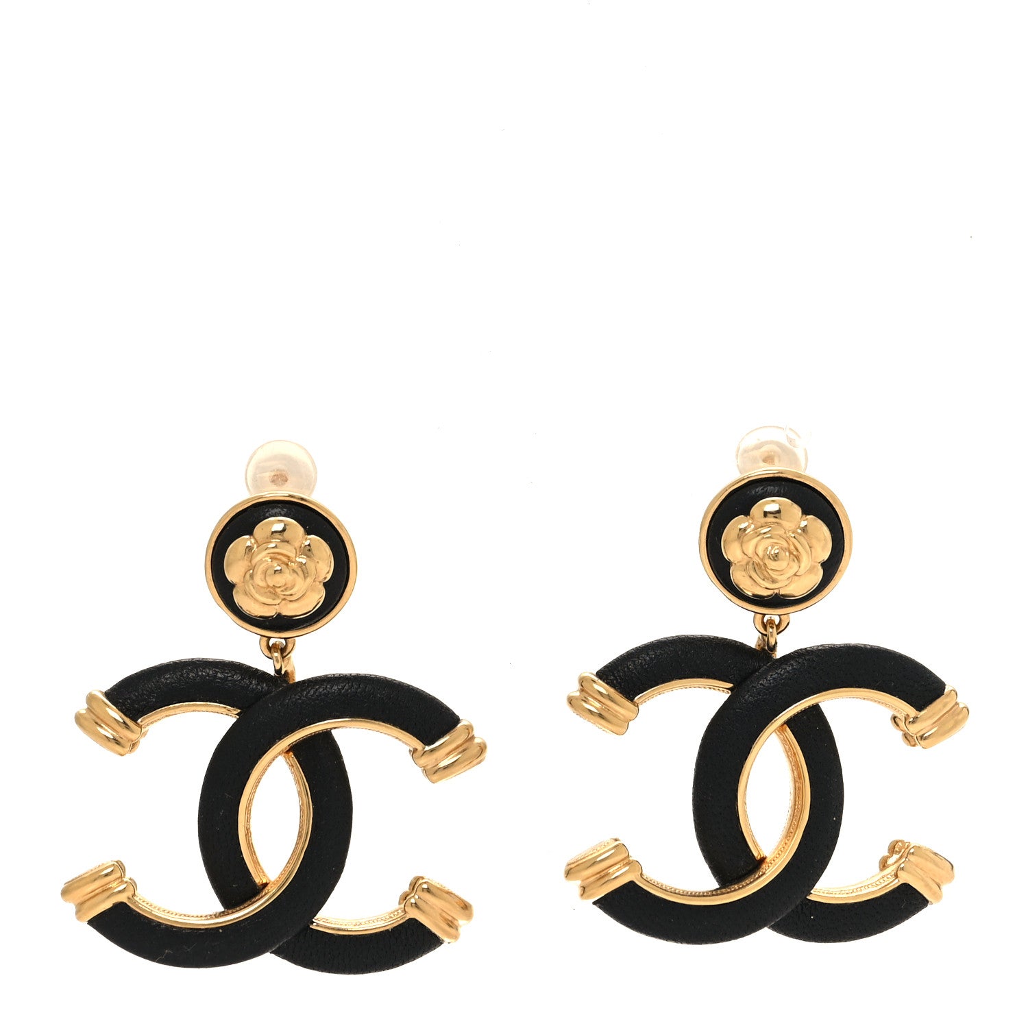 Chanel Lambskin Metal Camellia CC Clip On Earrings Black Gold 1 of 4