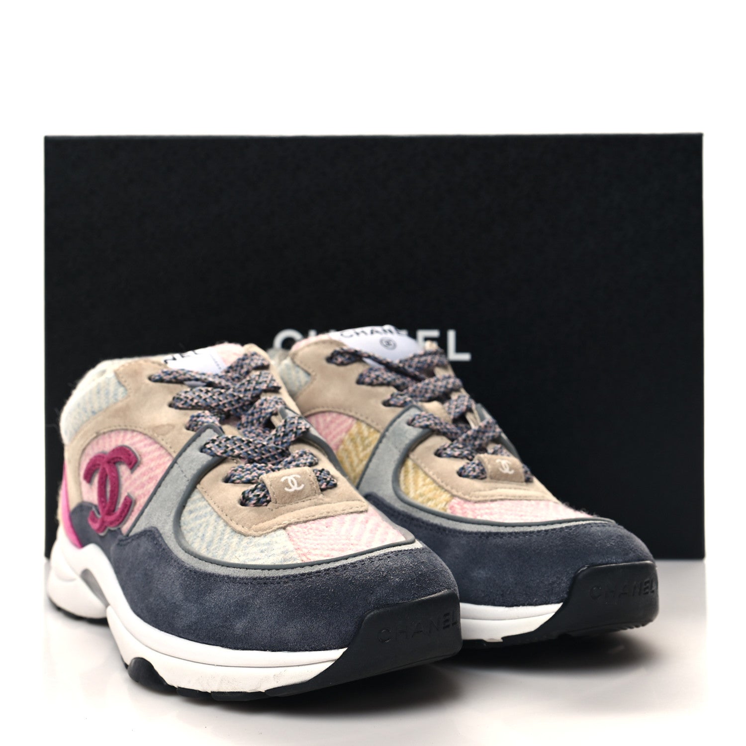 Chanel Fabric Suede Calfskin CC Sneakers 37 Pink Beige Multicolor 8 of 8