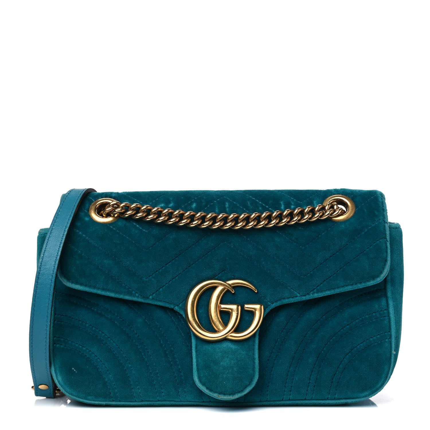 Gucci Velvet Matelasse Small GG Marmont Shoulder Bag Pavone Cyan 1 of 18