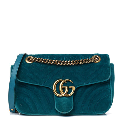Gucci Velvet Matelasse Small GG Marmont Shoulder Bag Pavone Cyan 1 of 18