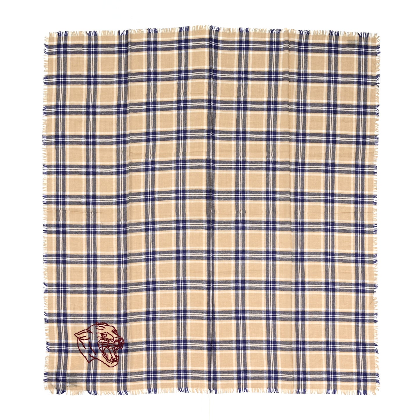 Wool Silk Check Scarf Beige Blue