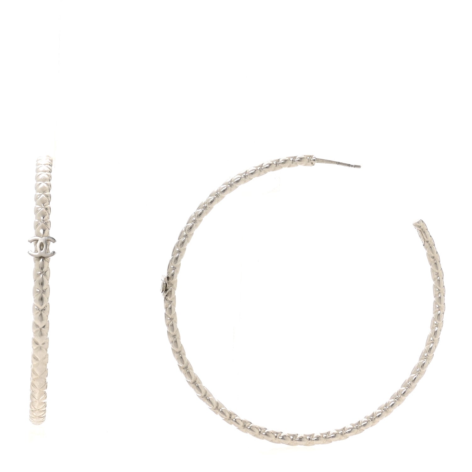 Chanel Metal Quilt CC Hoop Earrings Silver 1 of 3