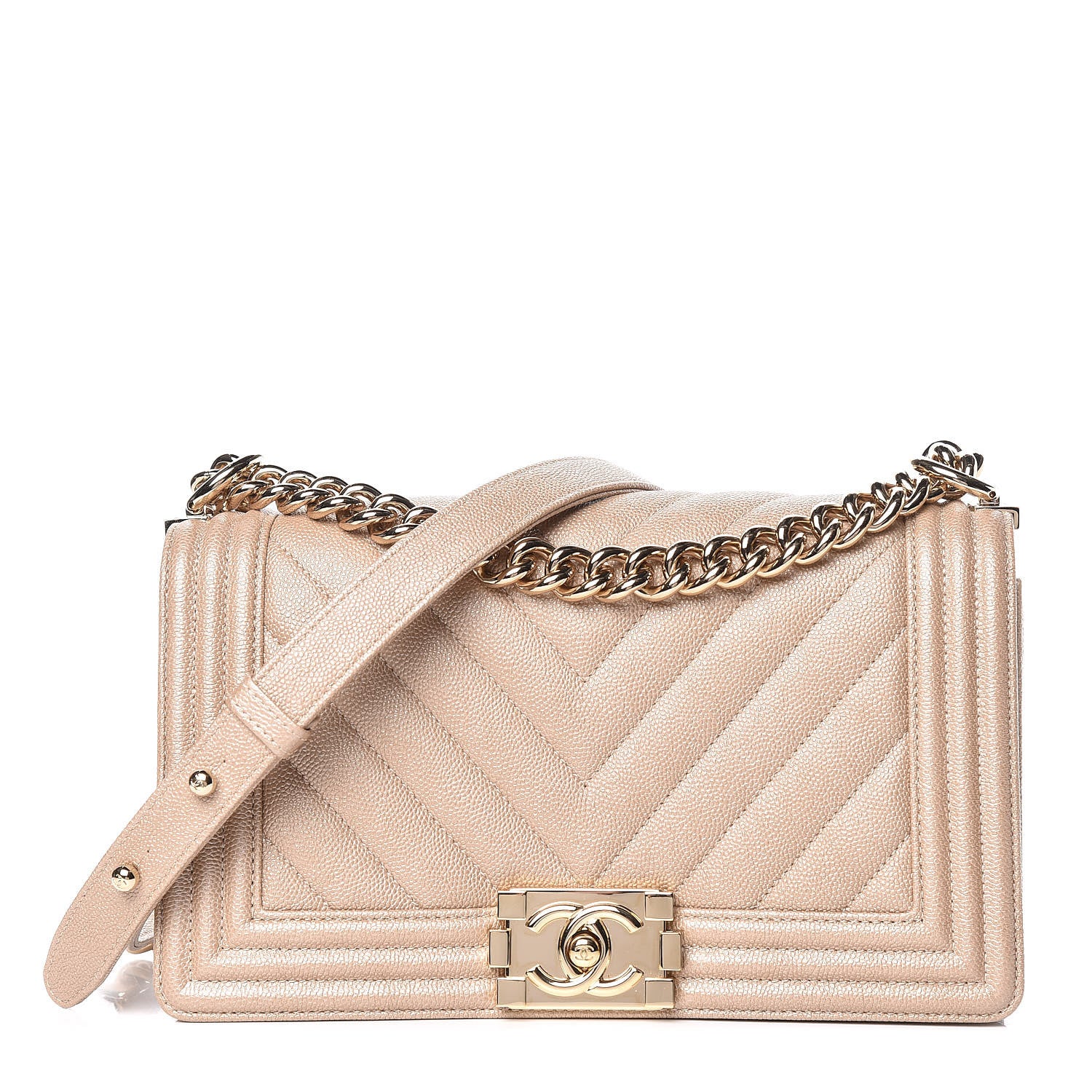 Chanel Metallic Caviar Chevron Quilted Medium Boy Flap Light Beige 1 of 11