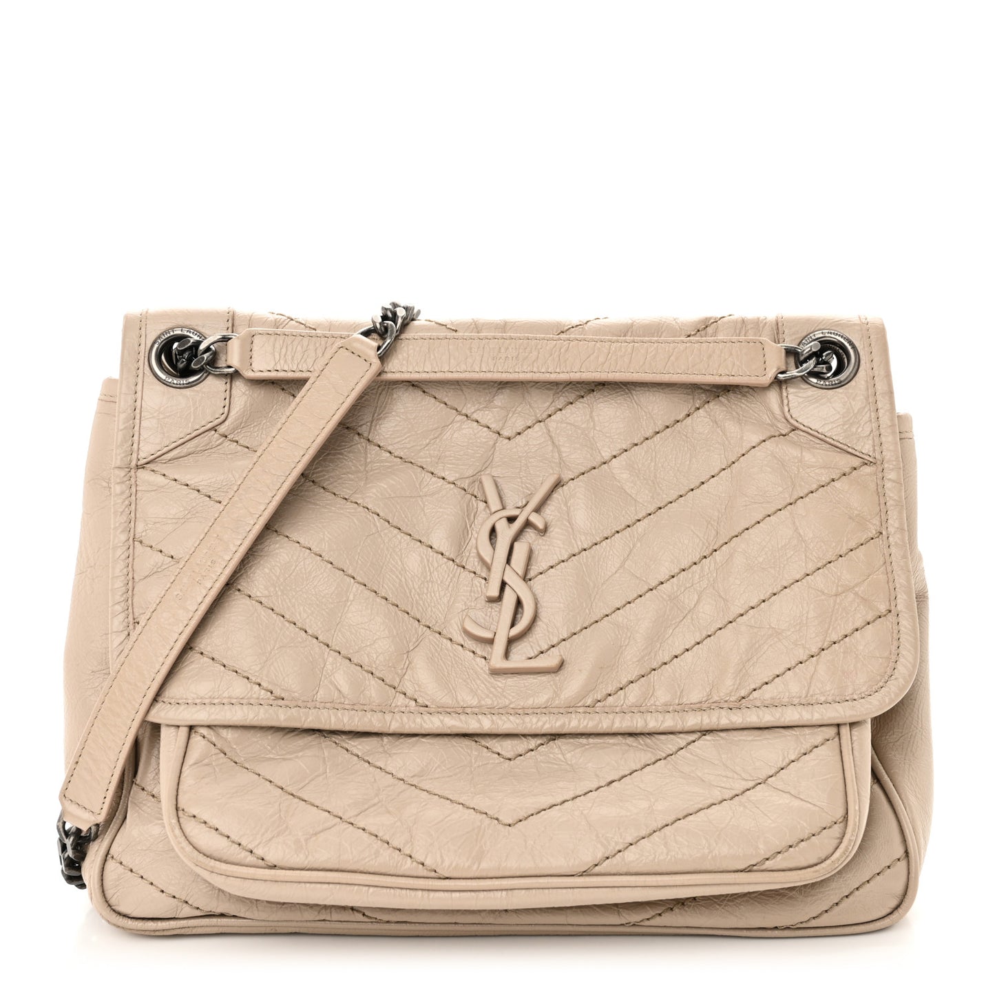 Crinkled Calfskin Matelasse Monogram Medium Niki Chain Satchel Gold Sand