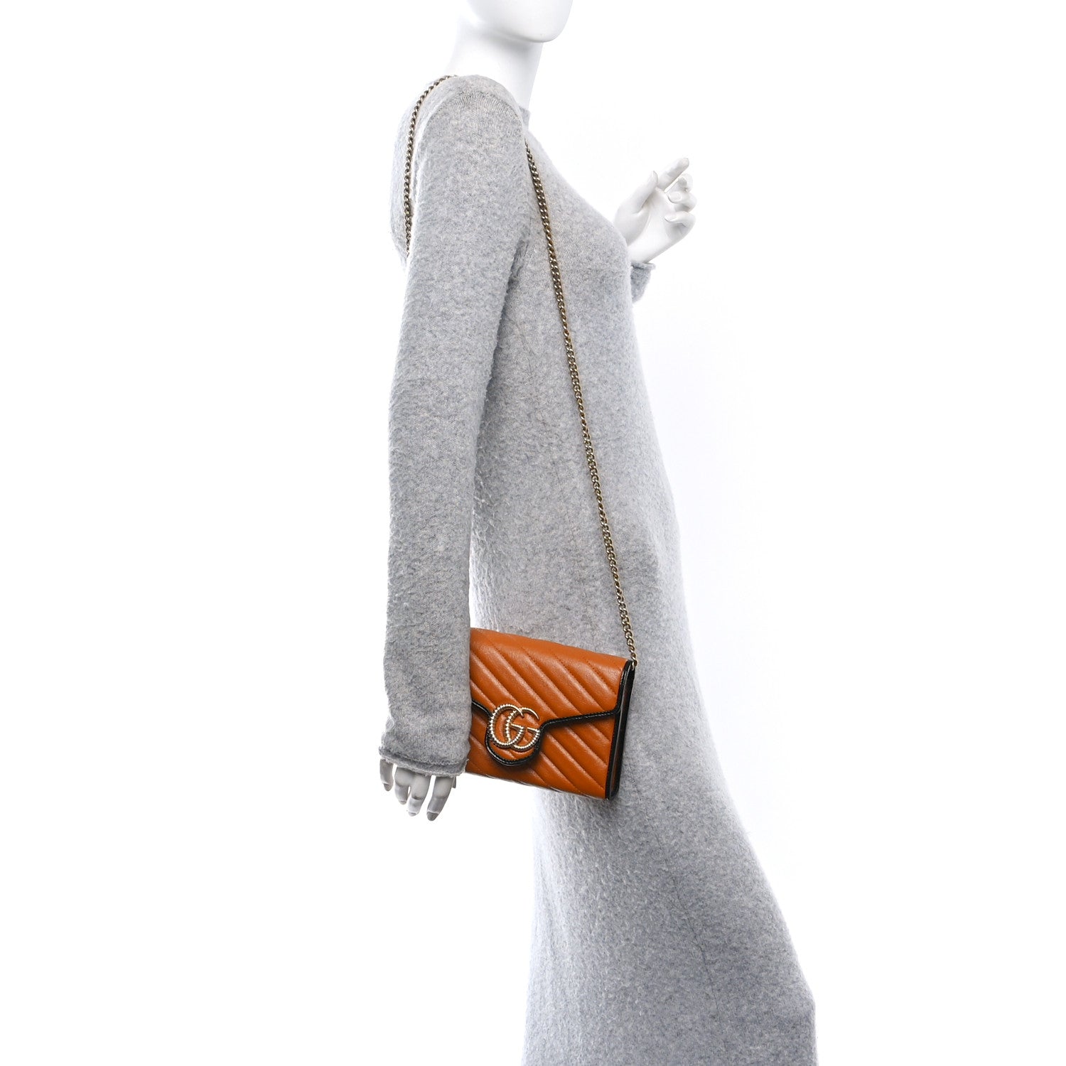 Gucci Vintage Effect Calfskin Matelasse Diagonal Torchon GG Marmont Chain Wallet Cognac 2 of 10