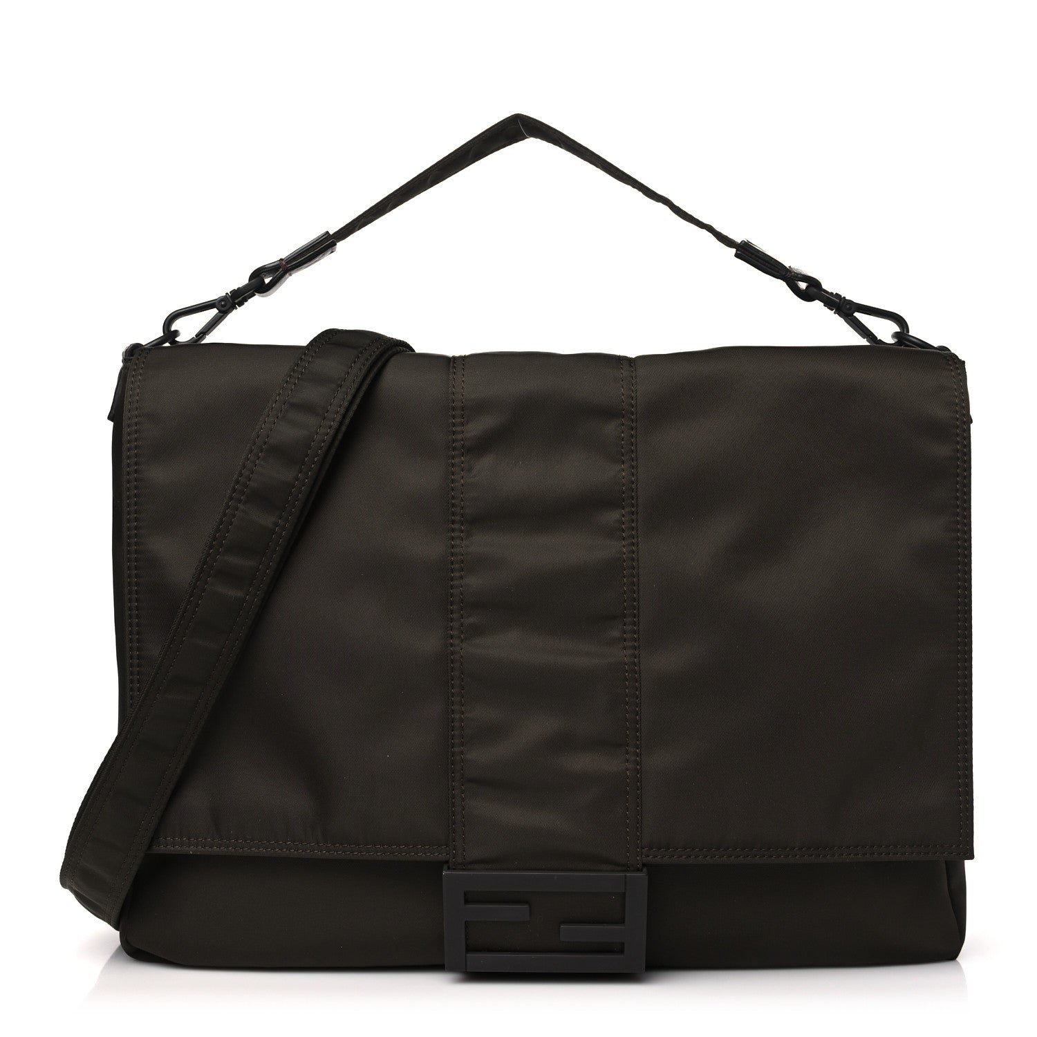 Fendi Econyl Nylon Cuoio Romano Monochrome Large Baguette Messenger Bag Ebano 1 of 10