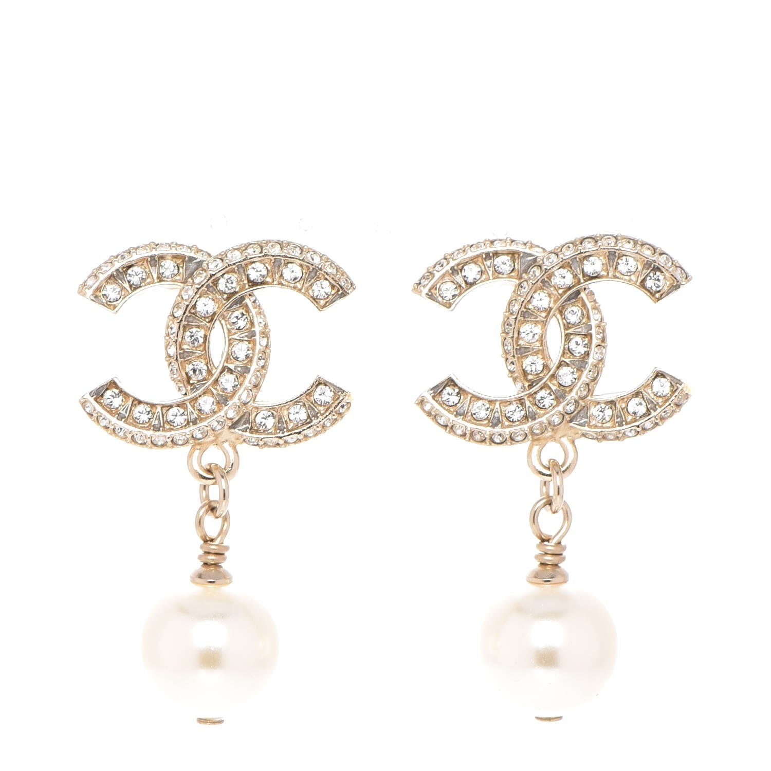 Chanel Crystal Pearl CC Drop Earrings Light Gold 1 of 5