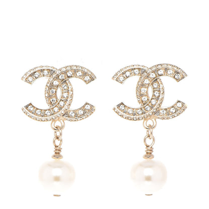 Chanel Crystal Pearl CC Drop Earrings Light Gold 1 of 5