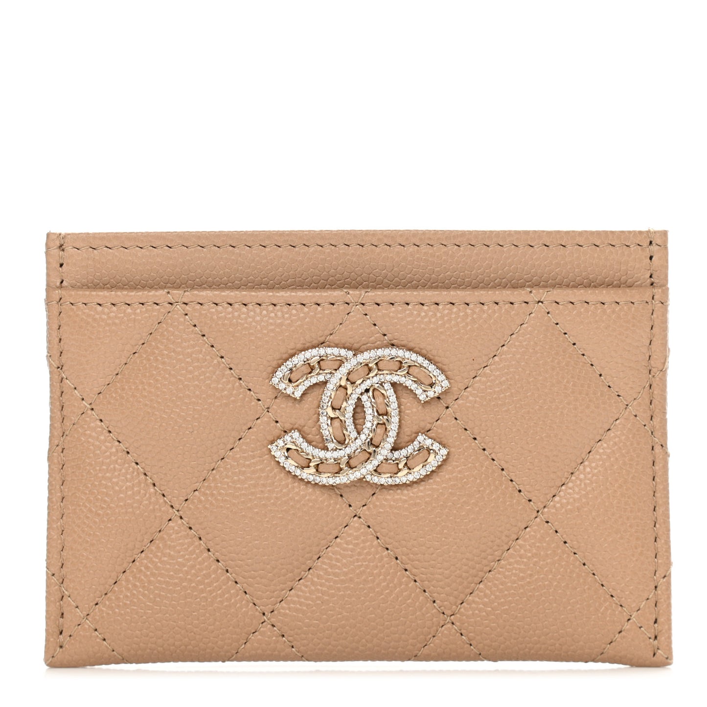 Caviar Quilted Crystal Card Holder Beige