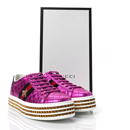 Gucci Laminated Nappa Crystal Web Bee Embroidered Trapuntata Womens Ace Platform Sneakers 37.5 Fuxia 9 of 9