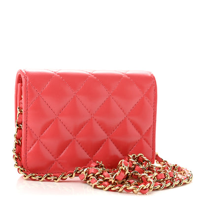Chanel Shiny Lambskin Quilted Card Holder On Chain Pink 3 of 12