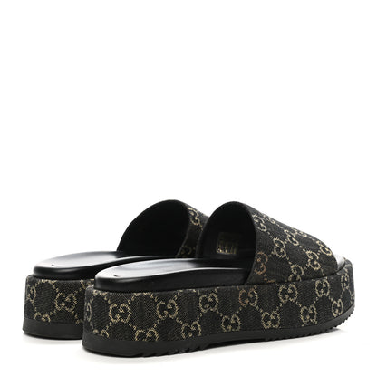 Gucci Jacquard Black Denim GG Monogram Angelina Platform 55mm Slide Sandals 38 Black Ivory 4 of 12
