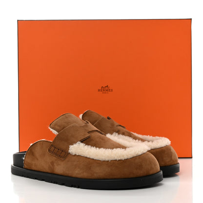 Hermes Suede Goatskin Shearling Go Mules 40 Brun Fume Ecru 9 of 9