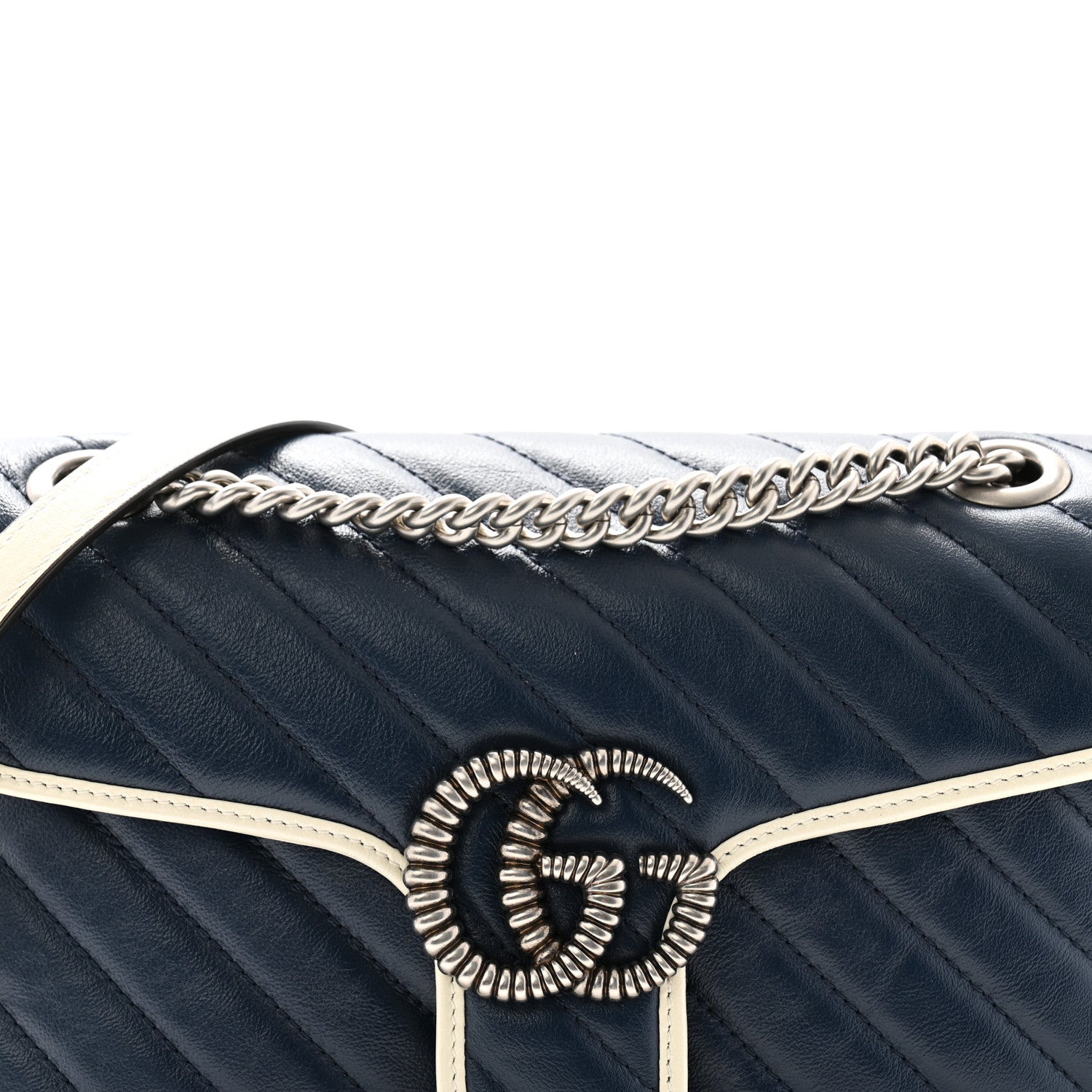 Gucci Vintage Effect Calfskin Matelasse Diagonal Small Torchon GG Marmont Shoulder Bag Blue Agata Mystic White 8 of 11
