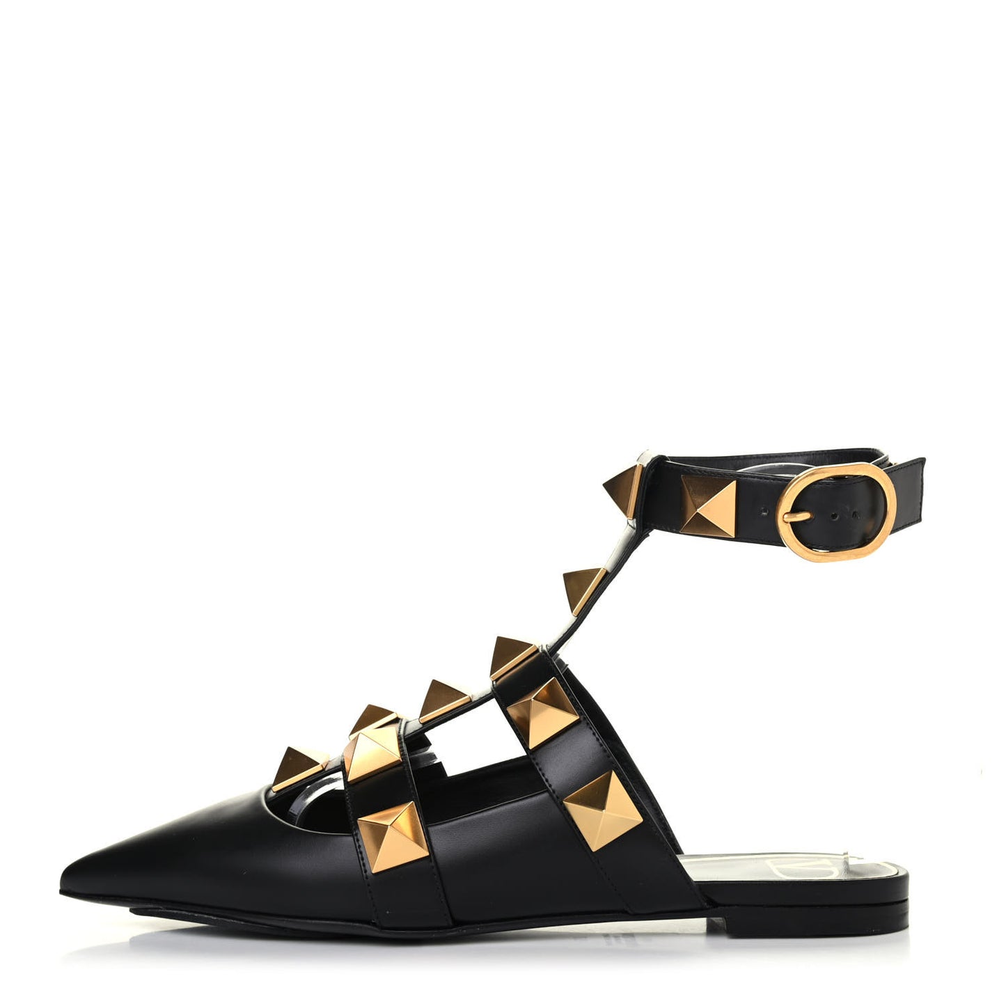 Calfskin Roman Stud Ankle Strap Flat Mules 37 Black