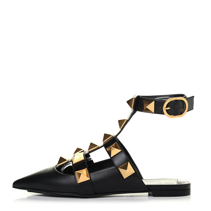 Valentino Garavani Calfskin Roman Stud Ankle Strap Flat Mules 37 Black 1 of 4