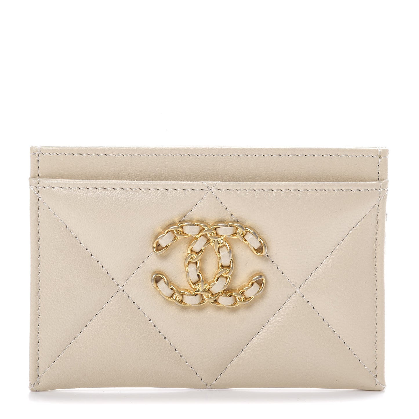 Shiny Goatskin Quilted Chanel 19 Card Holder Beige