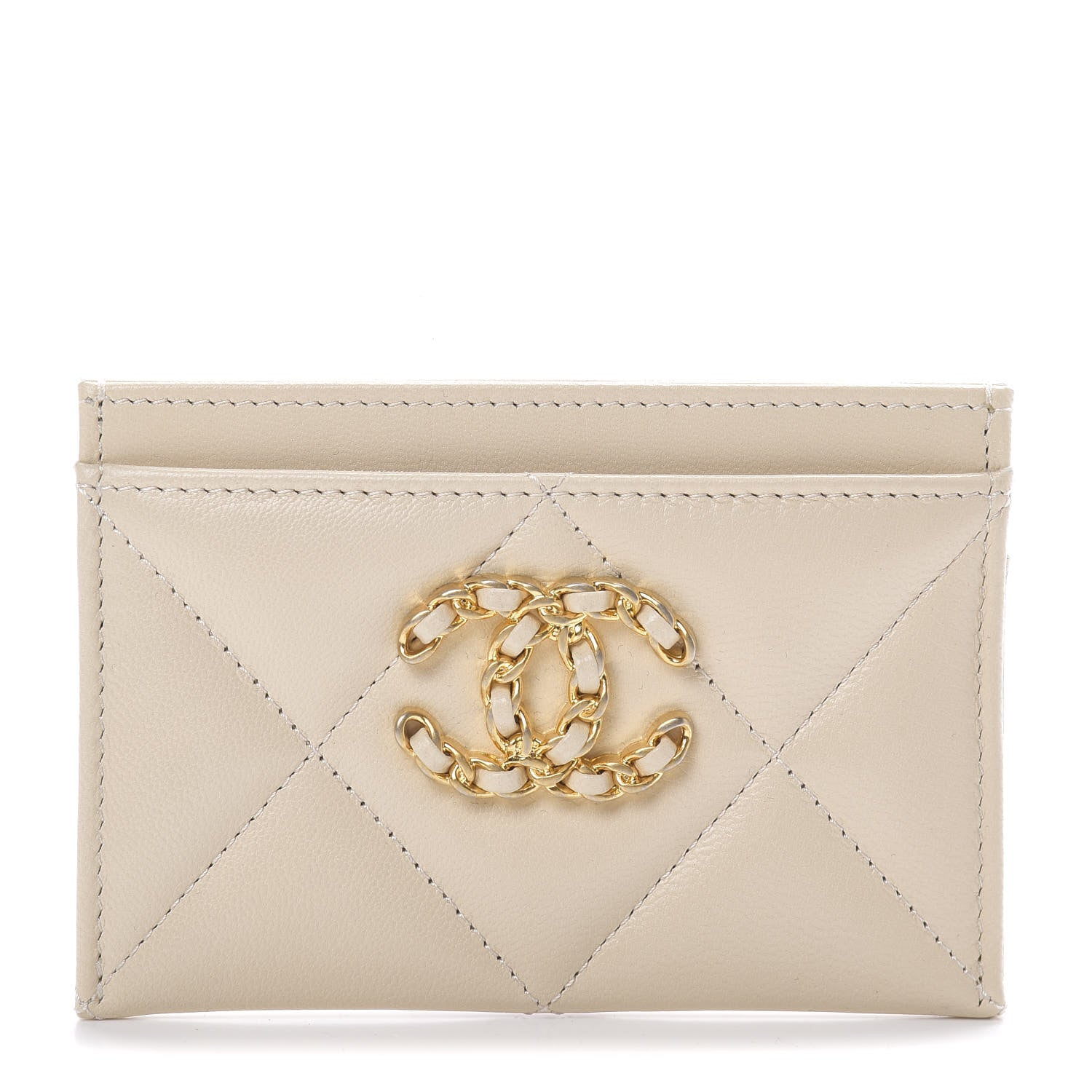 Chanel Shiny Goatskin Quilted Chanel 19 Card Holder Beige 1 of 8
