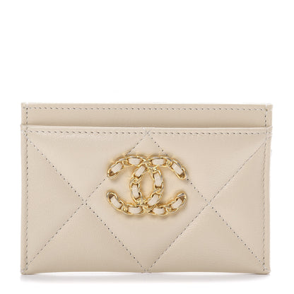 Chanel Shiny Goatskin Quilted Chanel 19 Card Holder Beige 1 of 8