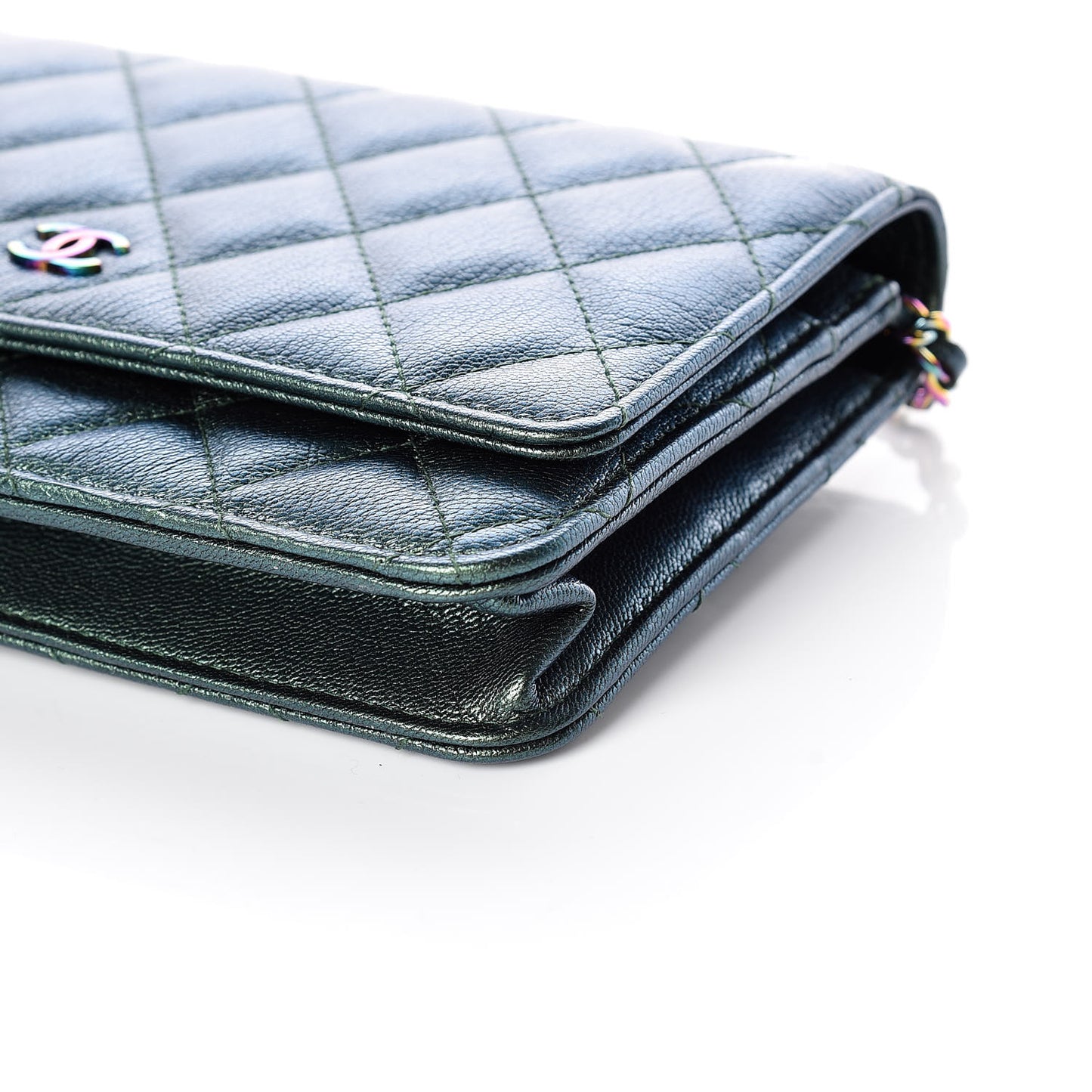 Iridescent Goatskin Quilted Wallet On Chain WOC Green