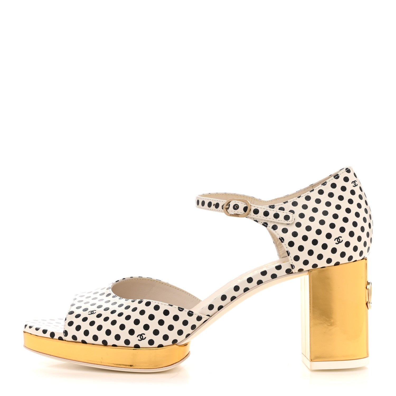 Chanel Printed Calfskin Polka Dot CC Platform Sandals 37 Ivory Black 1 of 9